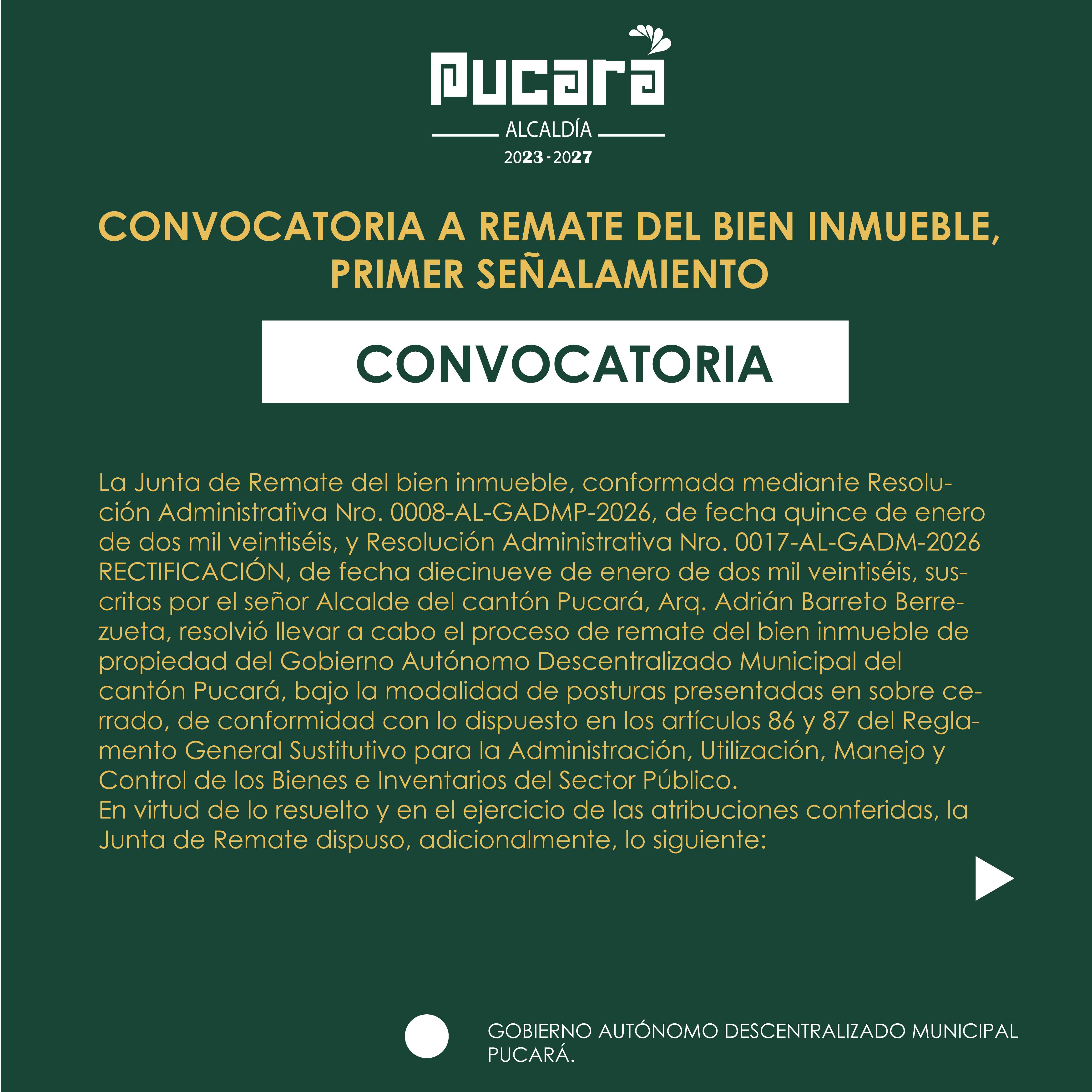 CONVOCATORIA A REMATE DEL BIEN INMUEBLE, PRIMER SEÑALAMIENTO
